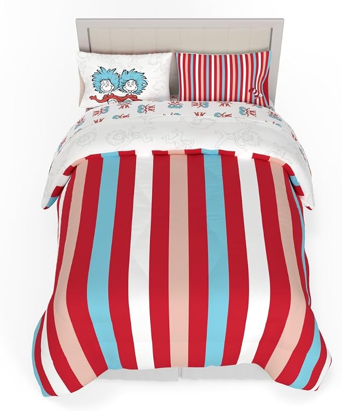 Dr. Seuss Cat in The Hat Kids Bedding, 7 Piece Full Bed Set, Soft Cozy Reversible Comforter and Sheet Set with Sham, Officially Licensed Product by Franco