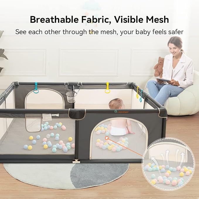COMOMY Playpens for Babies and Toddlers, 79"x79" Baby Playard Extra Large, Safe and Non-Slip Baby Fence, Full Mesh Design, Indoor & Outdoor Kids Activity Center, Play Pens (Dark Grey)