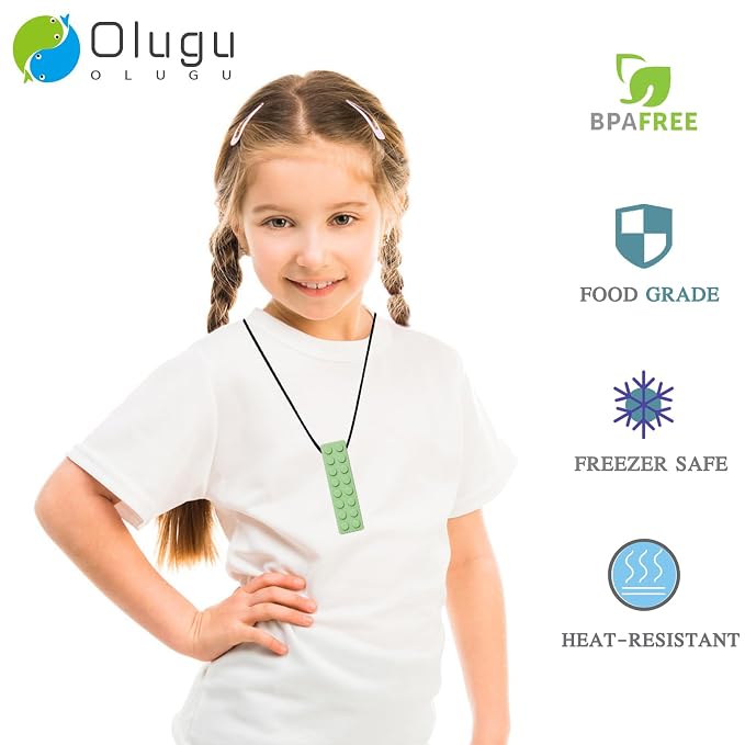 Olugu Chewing Necklace for Kids Sensory, Blocks Sensory Necklace for Chewing Boys Girls with Autism, ADHD, Teething, Biting, Chewing Needs, Silicone Chewy Necklace Sensory for Reduce Anxiety -7 Pack
