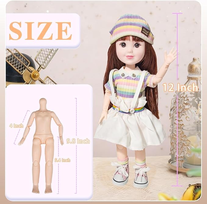 12 Inch BJD Fashion Girl Doll, 15 Movable Joints, Exquisite Hair and Trendy Casual Outfits (Casual wear-Colorful)