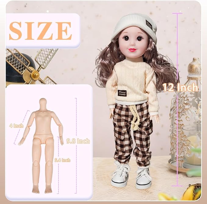 12 Inch BJD Fashion Girl Doll, 15 Movable Joints, Exquisite Hair and Trendy Casual Outfits (Casual wear-Beige)