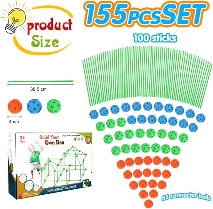 Fort Building Kit for Kids, 155 Pcs Construction STEM Toys Indoor Outdoor for 3 4 5 6 7 8+Years Old Boys and Girls Ultimate, Forts Builder Gift Build DIY Educational Learning Toy for Indoor Outdoor