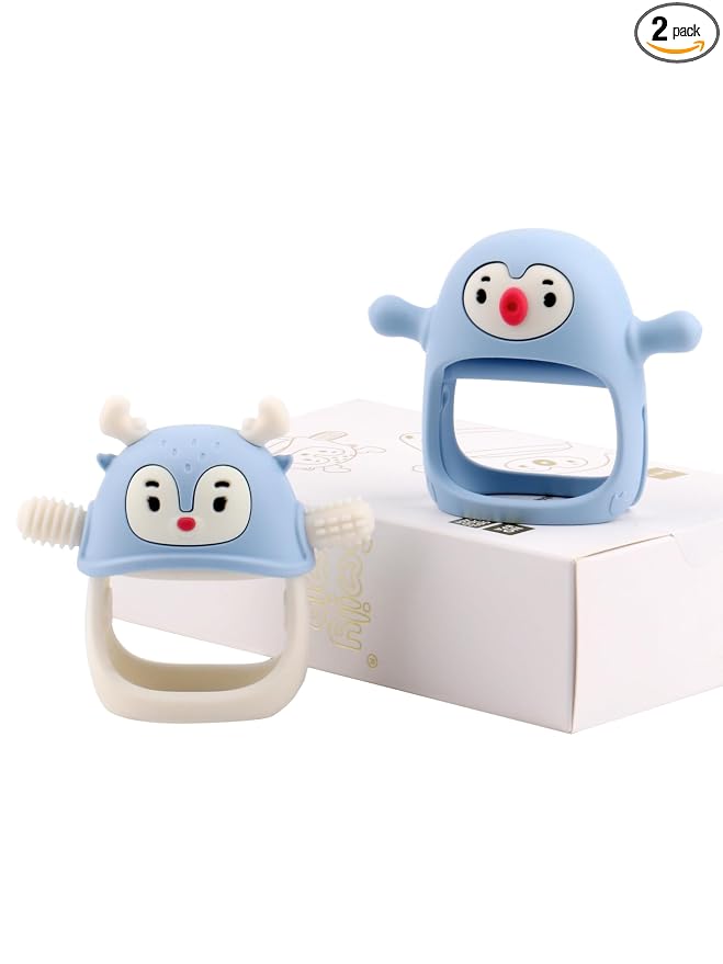 Smily Mia 2 Packs Baby Teething Toy for 0-6 6-12 Months, Food Grade Silicone Teething Mitten, Anti Dropping Wrist Hand Teethers Baby Chew Toys for Sucking&Chewing, BPA Free, Light Blue