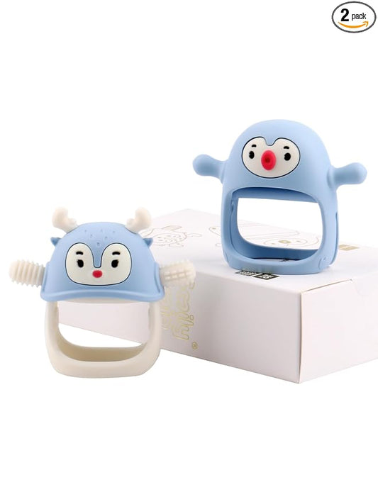 Smily Mia 2 Packs Baby Teething Toy for 0-6 6-12 Months, Food Grade Silicone Teething Mitten, Anti Dropping Wrist Hand Teethers Baby Chew Toys for Sucking&Chewing, BPA Free, Light Blue