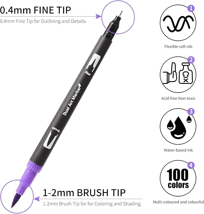 TOSHARE 100 Colors Brush & Fine Dual Tip Watercolor Markers for Adult Coloring Books No Bleeding Paint Pens For Drawing Note Taking Planner Calligraphy Journaling Card Making Back-to-School Supplies