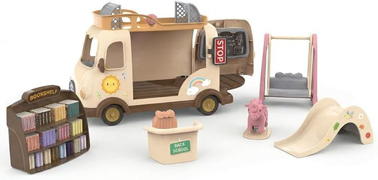 Family School Bus Toy — Mobile Classroom Playset with Bookshelf, Slide, Swing & Soccer Goals, Dollhouse Pretend Play Vehicle, Gift for Kids Ages 3+