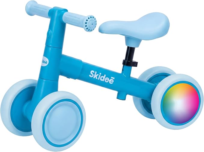 SKIDEE Toddler Balance Bike 1-3, 4-Wheel Balance Bike with Rare Light-Motion-Activated LED Wheels, Adjustable Height & Child Safe Steering, Lightweight Ride-On Toy Training Bike for Boys & Girls