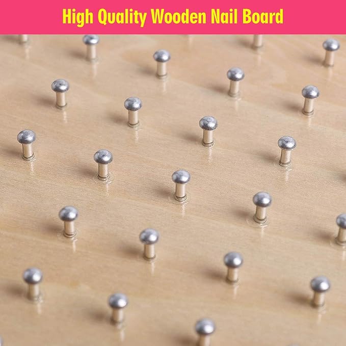 Wooden Geoboard with Pattern Cards & Rubber Bands, Montessori STEM Educational Toy for Kids 3-5 5-8 Years Old, Brain Teaser Puzzle Game for Geometry Learning and Creative Shapes