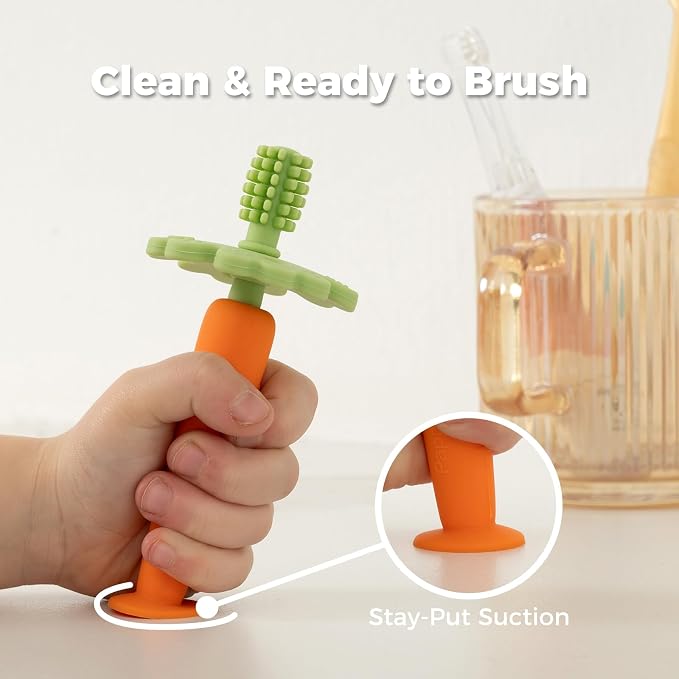 Papablic Baby Toothbrush Teether, 360° Carrot Toothbrush Teething Toy with Suction Base, Children's Day Gift Travel Essentials for Toddler Infants 6-12 Months