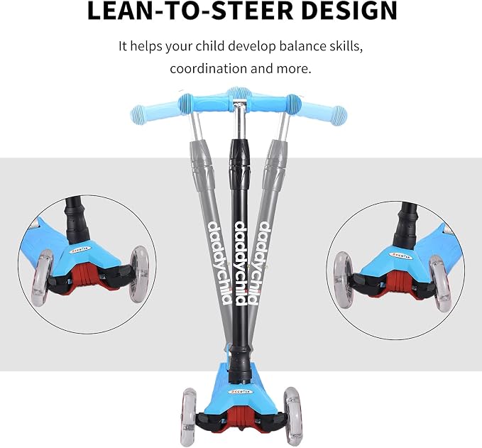 Scooters for Kids 3 Wheel Kick Scooter for Toddlers Girls & Boys, 4 Adjustable Height, Lean to Steer, Extra-Wide Deck, Light Up Wheels for Children from 3 to 14 Years Old