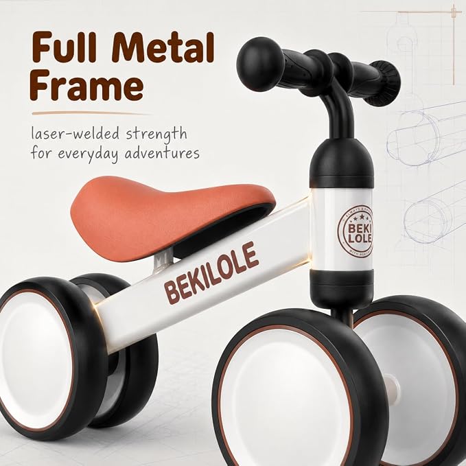 BEKILOLE Baby Balance Bike for 1 Year Old Boys Girls, 12-24 Month Toddler Balance Bike, No-Pedal 4 Silent Wheels, Ride-On Toys for 1 Year Old, 1st Birthday Boy Gifts, White Brown