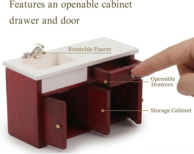 Dollhouse Furniture 1/12 Scale Miniature Sink Cabinet Wooden Bathroom Vanity Cabinet with Openable Drawer and Doors (Red)