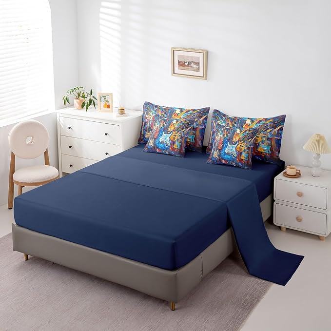 Feelyou Guitar Comforter Set with Sheets Twin Size Rock Music Bed in a Bag for Boys Girls Teens Blue 7 Pieces Bedding Set Soft Lightweight Microfiber
