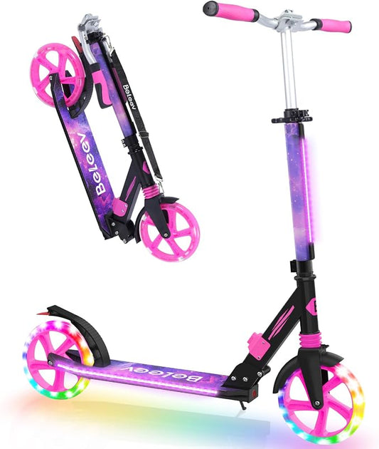BELEEV V8 Scooters for Kids Ages 6+ with Light-Up Deck, 2 Wheel Folding Scooter for Kids, 4 Adjustable Height, Lightweight Sport Commuter Scooter, Sturdy Frame