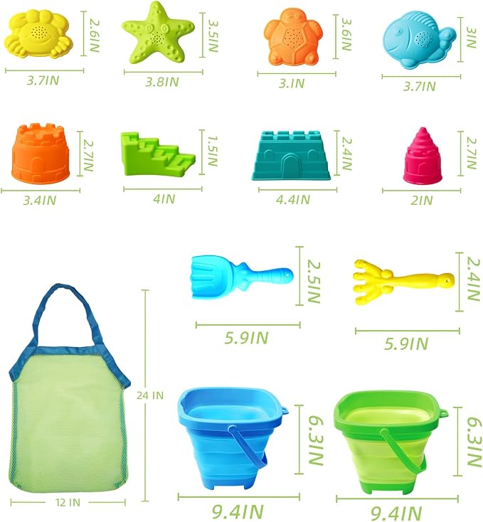 Collapsible Beach Toys for Toddlers Kids – 2 Foldable Sand Buckets Shovel Rake, 8 Sand Molds & Castle Building Kit, Mesh Bag – 13-Piece Travel Sandbox Toy Set Ages 3-12