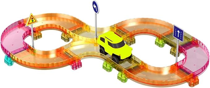 PicassoTiles Race Car Track Magnetic Tiles Travel Toy Sensory Magnet Tile Toys for Toddlers STEM Educational Learning Montessori Play Construction Building Blocks Kids Boys Girls Ages 3+ PTMR40