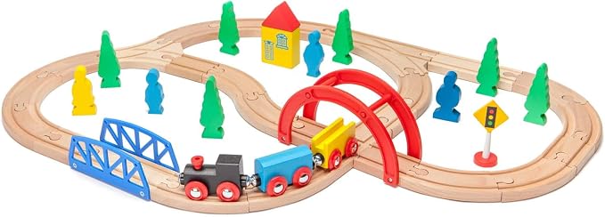 maxim enterprise, inc. 40 Pc Wooden Train Set, Complete Toy Railway with Straight and Curved Tracks, Wood Engine, Cars, Hauler, Signs, and More, Compatible with All Major Brand Accessories, Age 3+