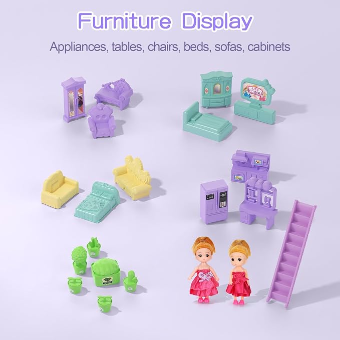 Lilac Purple Doll House for Girls, Dream Dollhouse 9 Rooms with 2 Dolls, Animals, Lights, Furniture and Accessories, Pretend-Play Toddler Playhouse Gift 3+ Year Old Girls Toys