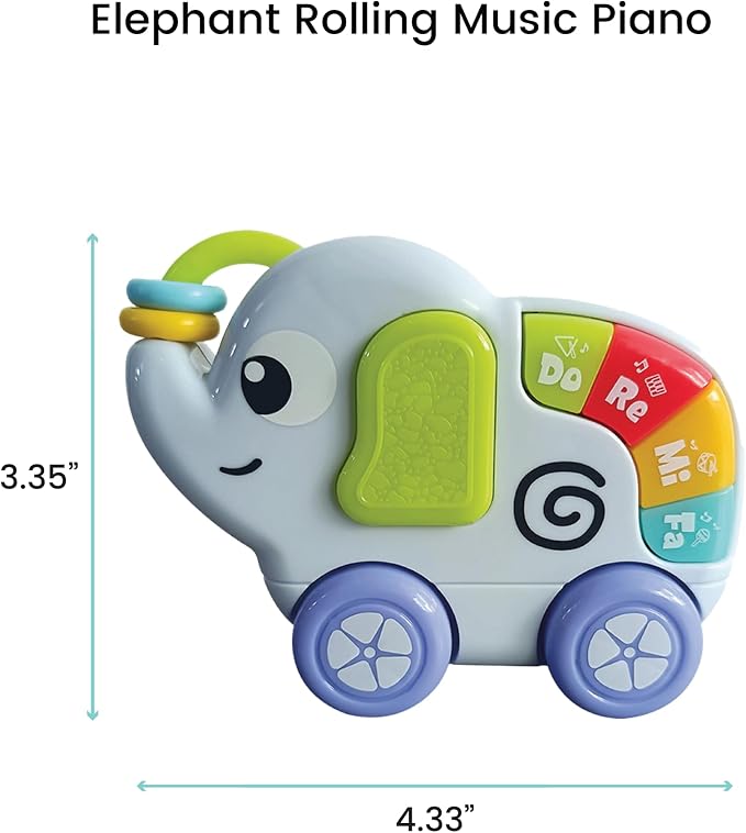 Lulyloo Elephant Rolling Music Piano interactive toddler toy with colorful tune keys, spinning beads, smooth wheels, fun melodies and volume control, lightweight for crawling, sitting and cruising fun