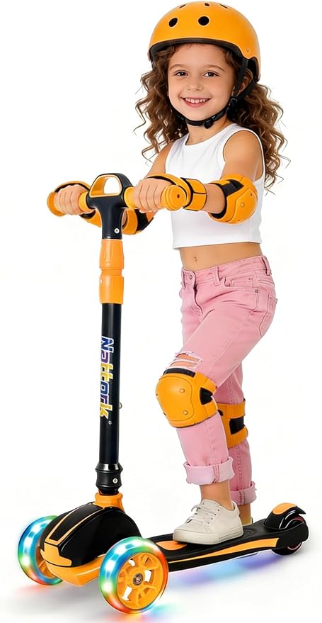 Nattork Kids Scooter for Age 3-8, Toddler Scooter with 4 Adjustable Height for Boys & Girls, Light Up 3-Wheels Foldable Kick Scooter, Lean to Steer, 120LB Weight Capacity