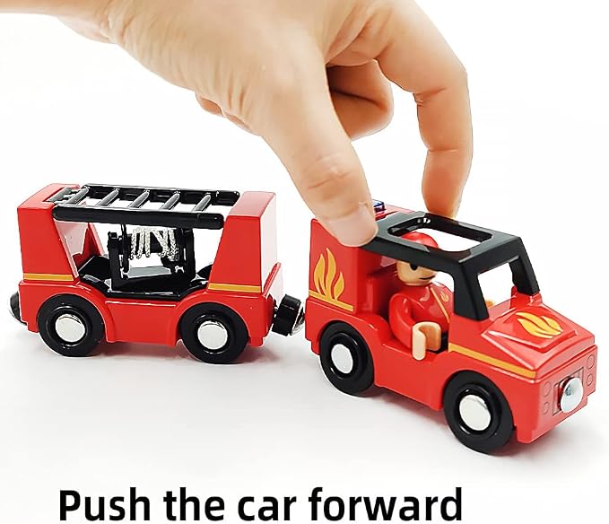 Wooden Train Cars Track Accessories Set Rescue Fire Truck Small Vehicles Magnetic Train Cars Fit for Wooden Train Track Railway for Boys and Girls (Fire Truck(with Light and Sound))
