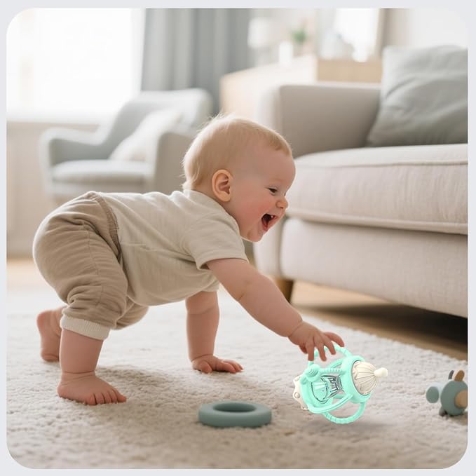 Silicone Teether Rattle Toy for Babies 0-12 Months Teething Relief | Montessori Sensory Teething Toy with Pacifier, Easy Grasp Handle for Infant Boys & Girls, Baby Must Haves