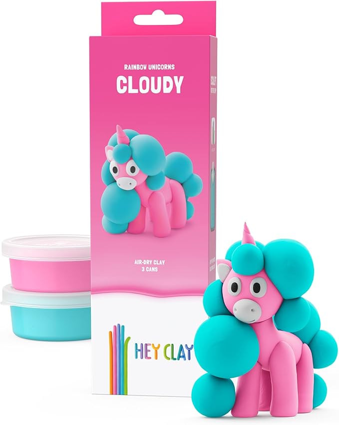 HEY CLAY Modelling Air-Dry Clay with Fun Interactive App - Modeling Clay and Crafts Set for Kids Ages 3 to 8 - Series Rainbow Unicorns, 3 cans (Cloudy)