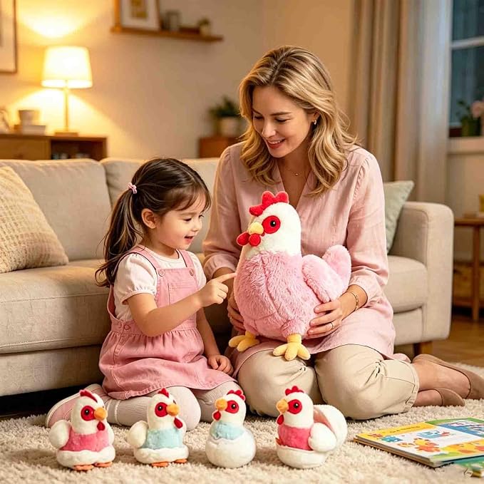 9 in 1 Chicken Stuffed Animal Set, Zippered Stuffed Chicken Plush Toys for Kids Egg Laying Hen with Coop, Plush Chickens and Eggs, Pink Chicken Toys for Kids Christmas Birthday Gifts Party Decor