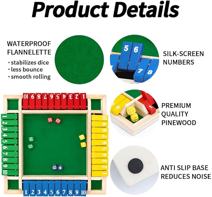 Nicecho Shut The Box Dice Game,2-4 Player Family Wooden Board Table Math Games for Adults and Kids, 8 Dices Classics Games for Classroom,Home,Party or Pub