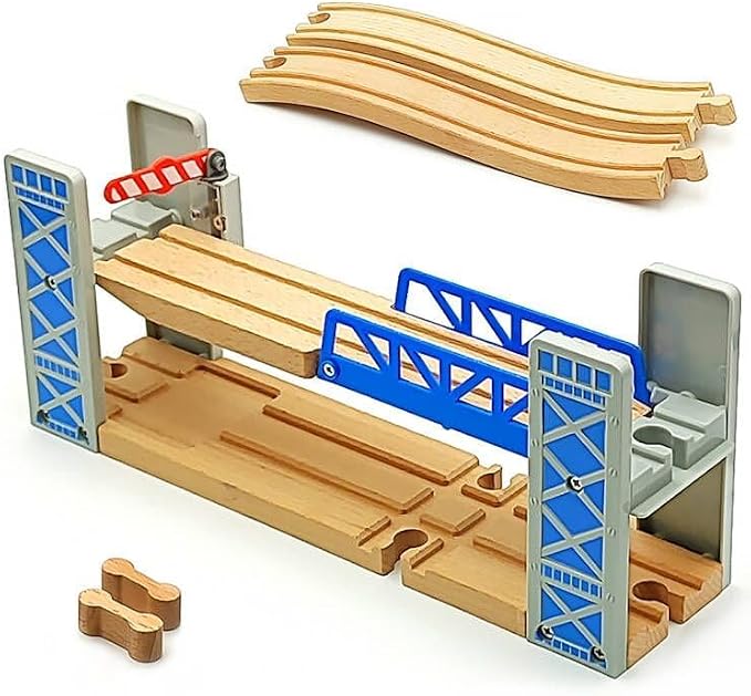 Lift Bridge Wooden Crane Toy Set with Train Cars - Compatible with Major Wooden Rail Brands - Ages 3-5