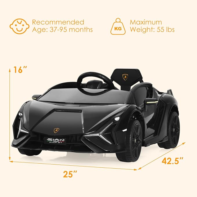 OLAKIDS Kids 12V Licensed Lamborghini SIAN Ride On Car, Electric Vehicle for Toddler with Control Remote, Battery Powered Toy with Music, Horn, 2 Speeds, Suspension, LED Lights, Bluetooth (Black)