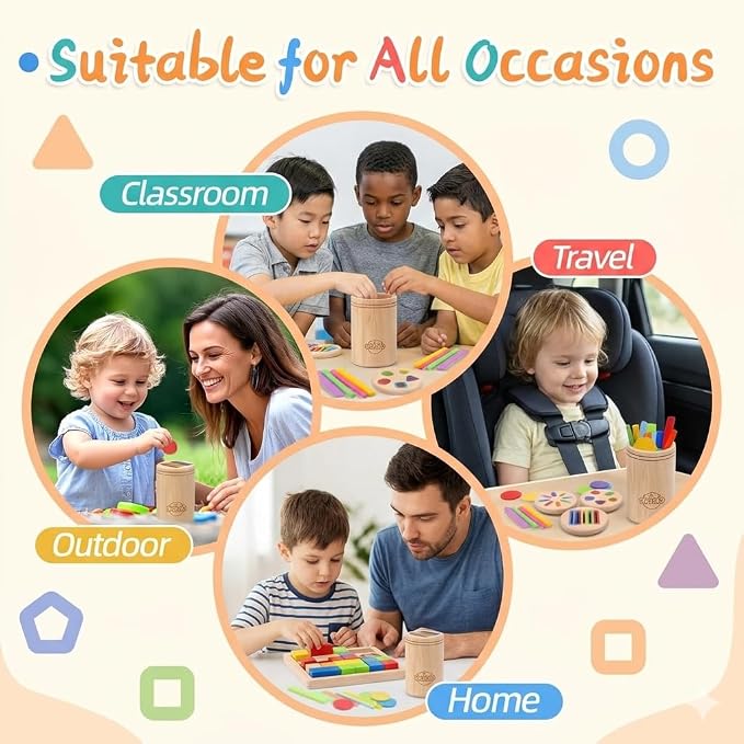 Montessori Color Sorting Toy for Toddlers - 3-in-1 Wooden Fine Motor Set with 3 Interchangeable Lids, Sticks & Discs - Beechwood, Non-Toxic, Ages 18 Months to 4 Years - Gift-Ready Window Box