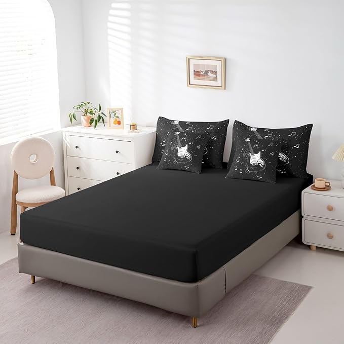 Feelyou Music 7 Pieces Bedding Set Twin Size Guitar Comforter Set with Sheets for Kids Boys Girls Guitar Instruments Bed in a Bag Rock Music Bed Set