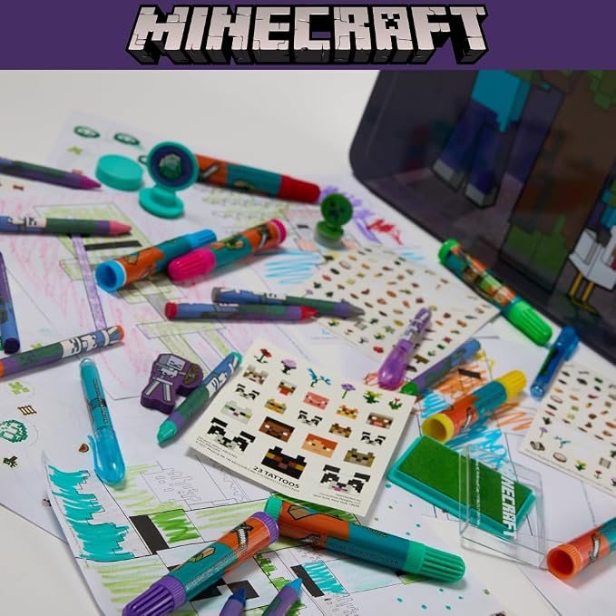 Innovative Designs Minecraft Kids Deluxe Activity Set with Carrying Tin, Coloring Sheets, Tattoos, Stickers, & Art Supplies