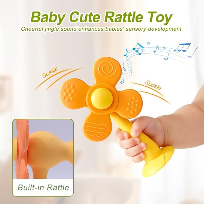 Baby Teething Toys, 2-in-1 Silicone Teether & Montessori Sensory Rattle, BPA-Free Food Grade Teether for Babies 6-18 Months, Easy-Grip Infant Toy for Teething Relief (Orange)