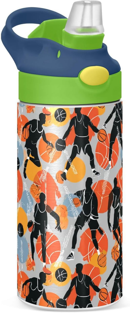 Basketball Game Player Sports Kids Water Bottle with Straw Lid Balck Ball Insulated Stainless Steel Reusable Tumbler for Boys Girls Toddlers 12 oz Green
