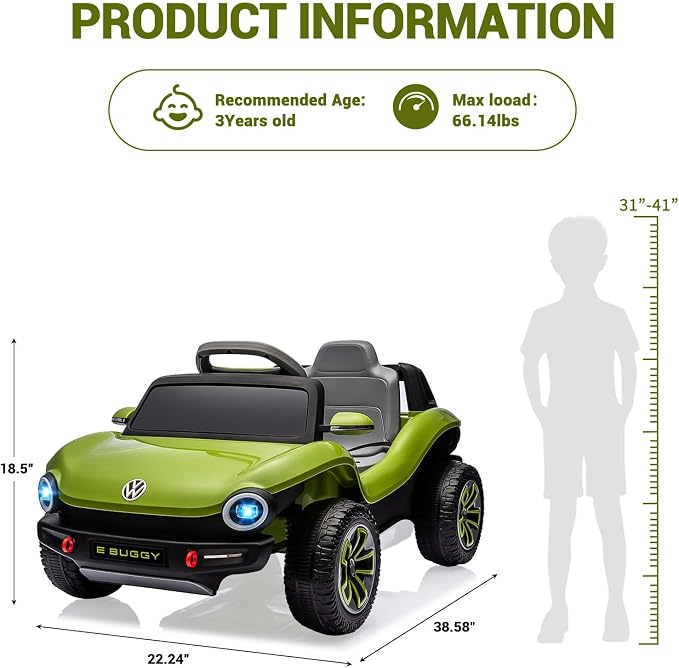 GarveeLife 12V Kids Ride On Car Licensed Volkswagen Beetle Electric Ride On Toy for Toddlers 4 Wheeler Vehicle with Parental Remote, Battery Level Display, LED Lights, USB, Horn, Music, Green