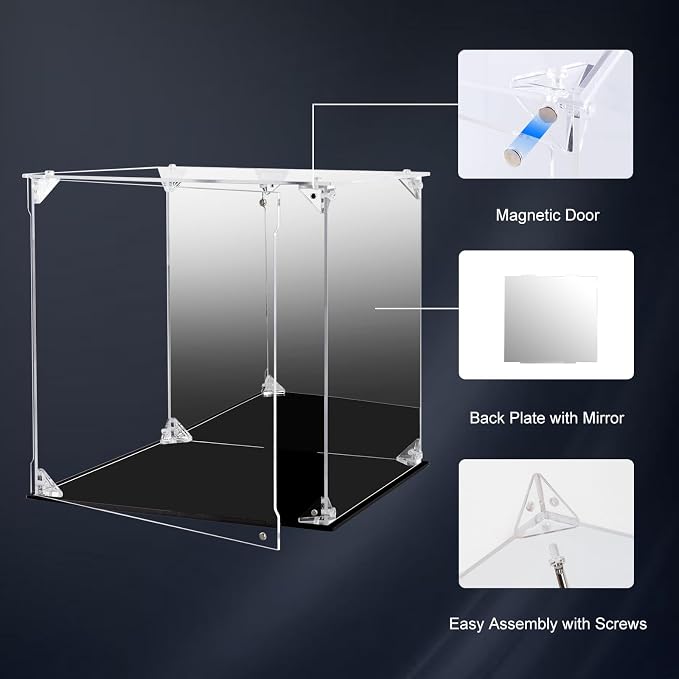 Acrylic Display Case for Collectibles Assemble Clear Acrylic Display Box with Mirrored Back, Alternative Glass Case for Action Figures Lego Model Doll Toys Display (10x10x10 inch; 25x25x25 cm)