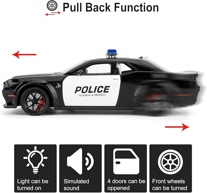 Police Car Model for Collectible 1:24 Dodge Challenger SRT Hellcat Toy, Diecast Vehicle Toy with Lights and Sounds,Pull Back Decoration Model Car Toy for Adults Kids Birthday Gifts