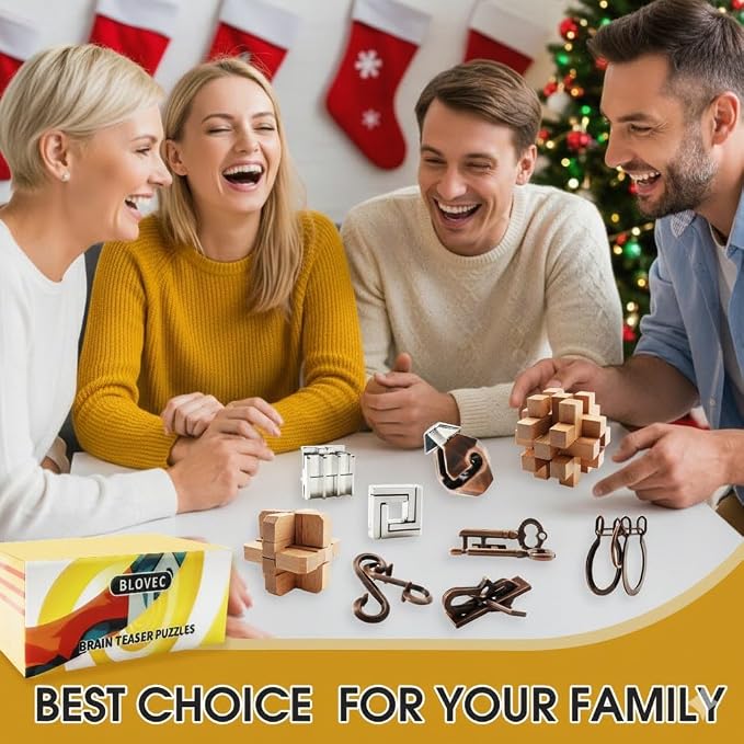 9PCS Brain Teaser Puzzles for Adults, Mind Puzzle Ancient Wooden and Metal Puzzles 3D Unlock Interlock IQ Puzzle Box Game for Adults