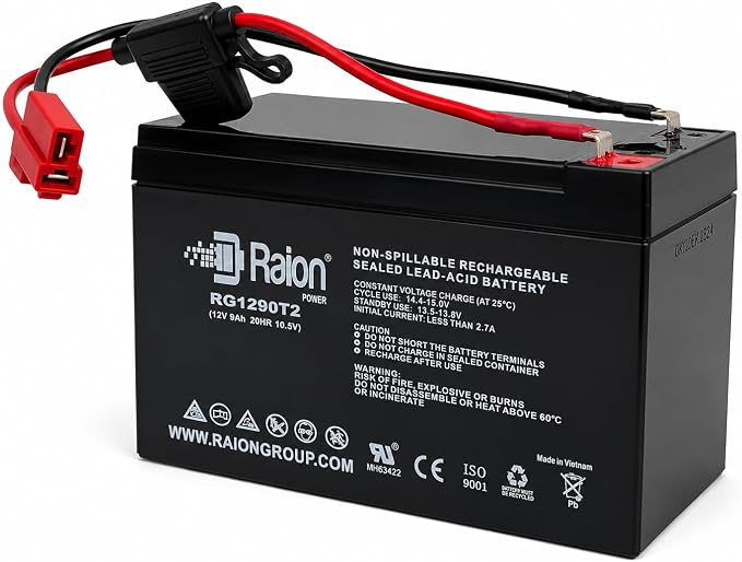 Raion Power 12V 9Ah Ride-On Toy Battery, Red 2-Pin Connector – Extended Range SLA AGM Replacement for Kids Electric Cars, Ride-On Trucks, Jeeps, ATVs & Rollplay Nighthawk