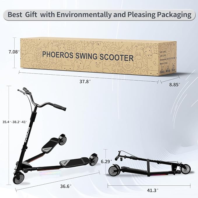 PHOEROS Upgraded Swing Wiggle Scooter,3 Wheels Drifiting Kick Scooter for Kids Ages 6-12,Teens&Adults,Youth Drifting Scooter with LED Light/4 Height Adjustable/Foldable Best Gift for Kids