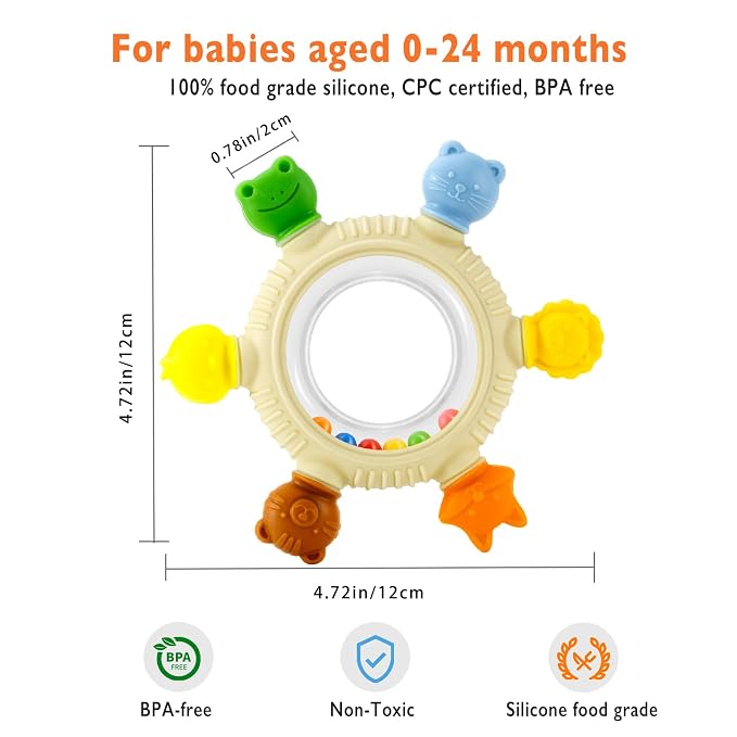 Baby Teething Toys for 0-6 6-12 Months, Silicone Baby Teether, Freezer Safe Sensory Teething Toy, Easy Grip Infant Chew Toy for Sore Gum Relief, BPA-Free