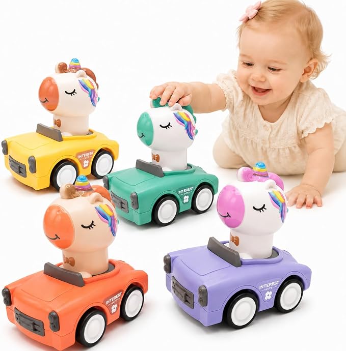 Press and Go Car Toys for Toddler Girls 1-3, 4 Pack Unicorn Vehicles | 4 colorful unicorn cars for toddler girls, press-and-go play, sharing races, birthday gifts, and screen-free floor fun