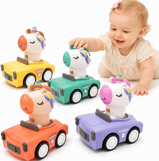 Press and Go Car Toys for Toddler Girls 1-3, 4 Pack Unicorn Vehicles | 4 colorful unicorn cars for toddler girls, press-and-go play, sharing races, birthday gifts, and screen-free floor fun
