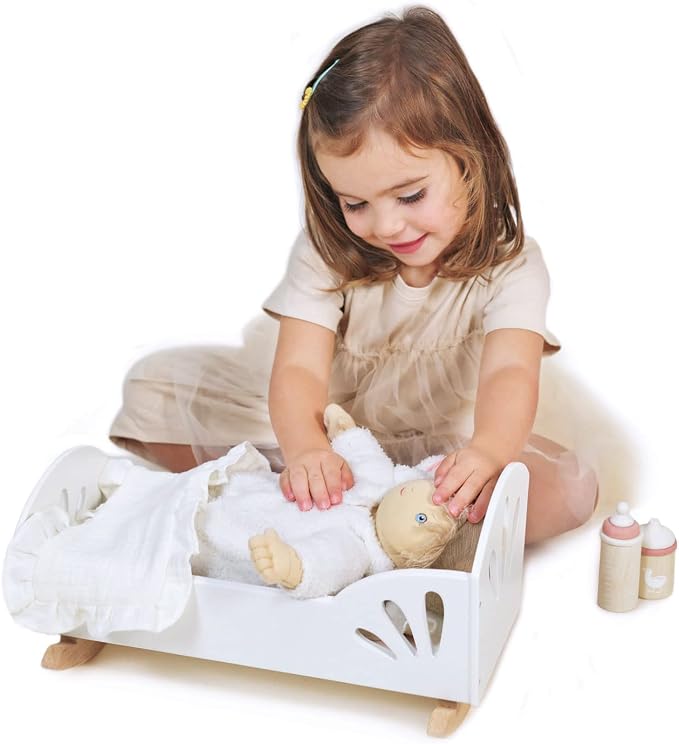 Tender Leaf Toys - Sweet Dreams Dolly Bed - Wooden Baby Doll Rocking Cradle with Bedding and Accessories - Encourages Love and Nurturing Play for Boys and Girls - Age 18m+