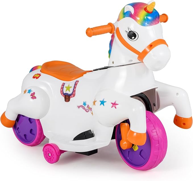 Costzon Ride on Car, 12V Ride on Toys for Toddlers Pony with Training Wheels, up & Down Mode, Music & LED Power Display, Motorized Play Horse, Kids Car Motorcycle for Boys Girls (Rainbow)