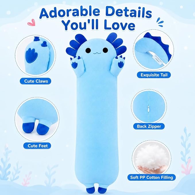 Long Axolotl Stuffed Animals 27.6 inch, Soft Long Axolotl Plush Pillow Cute Plush Pillow Gifts for Kids Girlfriend, Blue