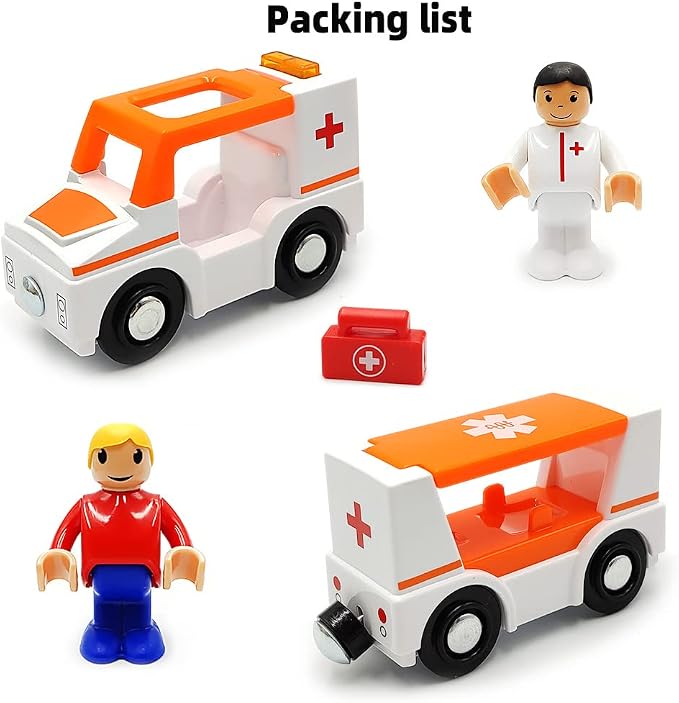 Magnetic Trains Cars Playset Wooden Train Track Accessories Station Wagon Train Set for Toddlers 3-5 Wooden Train Sets for Boys Girls Ages 3-4-7 (Ambulance B (with Light and Sound))