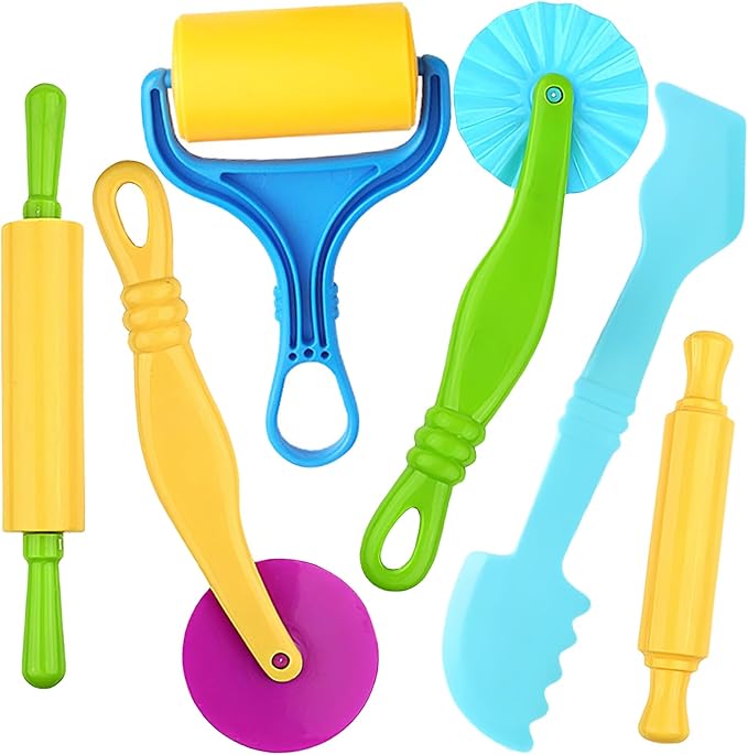 Clay and Dough Tools 6 Pieces Basic Dough Tool Set for Kids, Variety of Rolling Pins, Rollers, Cutters